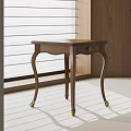 Wooden Side Table with Curved Legs and Gold Casters in Interior with Window Blinds