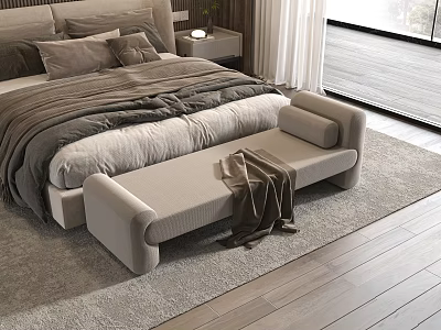 Cozy Bedroom Interior With Comfortable Bed Gray Bedding Upholstered Bench And Soft Rug 3d model