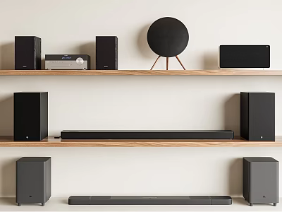 Home Audio Speakers Including Bookshelf Soundbar And Subwoofer On Wooden Shelves 3d model