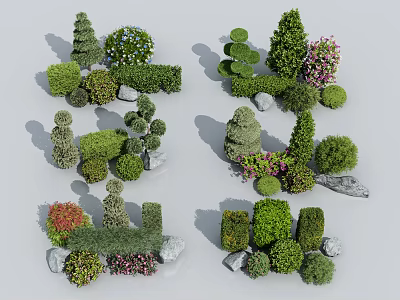 Various Shaped Colorful Garden Shrubs With Stones For Landscaping Design 3d model