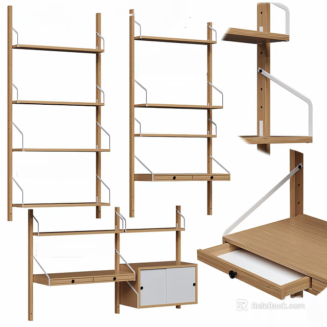 Wooden Storage Shelving Units With Multiple Tiers Drawers And Wall Mounted Designs 3d model 