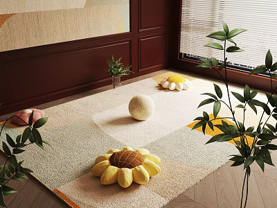 Square Carpet With Sunflower Shaped Cushions Round Ball Decor And Green Plants On Wooden Floor 3d model