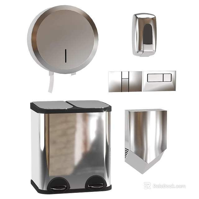 Modern Stainless Steel Bathroom Accessories With Soap Dispenser Trash Can Tissue Holder And Storage Rack 3d model 