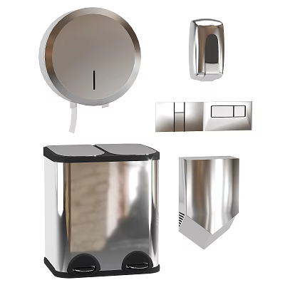 Modern Stainless Steel Bathroom Accessories With Soap Dispenser Trash Can Tissue Holder And Storage Rack 3d model