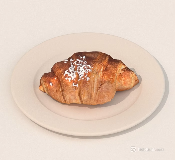 Fresh Baked Croissant With Powdered Sugar On White Ceramic Plate 3d model 