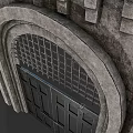 Classical Stone Entrance Gate with Arched Top Decorative Grille and Carved Frame