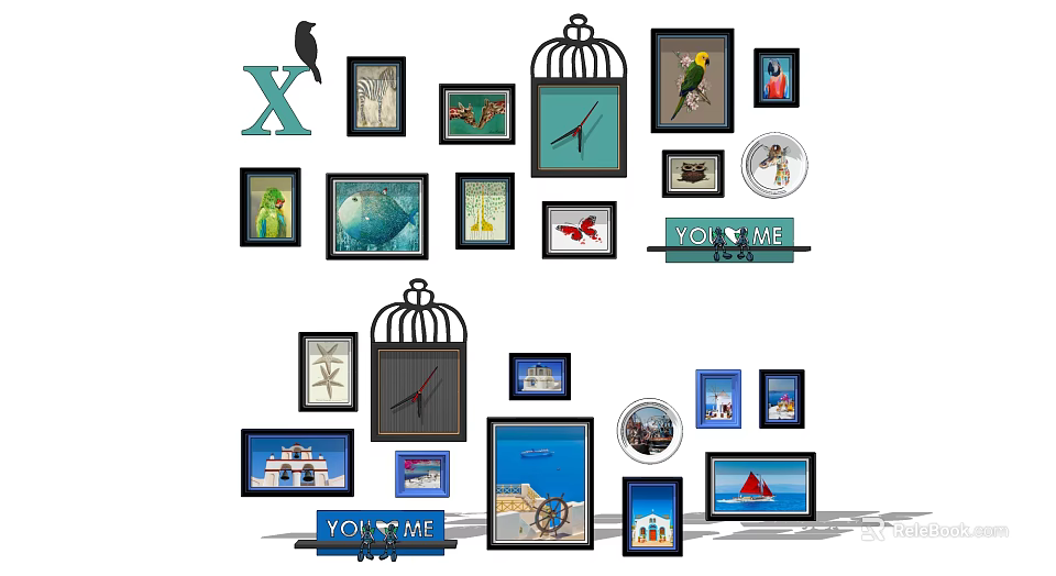 Decorative Photo Wall Featuring Various Frames Different Sizes Birdcage Decor And YOU & ME Sign 3d model 