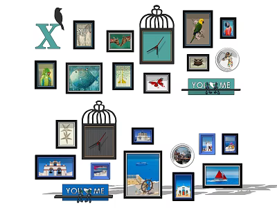 Decorative Photo Wall Featuring Various Frames Different Sizes Birdcage Decor And YOU & ME Sign 3d model