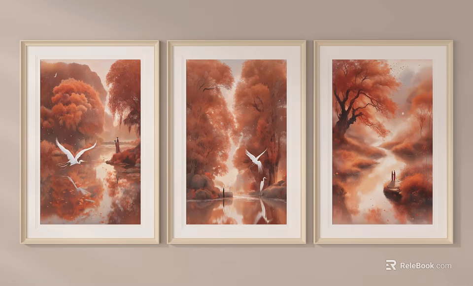 Three Framed Abstract Paintings With Autumn Scenery Egrets Rivers And Trees 3d model 