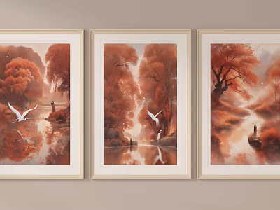 Three Framed Abstract Paintings With Autumn Scenery Egrets Rivers And Trees 3d model