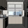 Modern Kitchen Interior With Light Gray Cabinets Refrigerator City View Window And Blinds 3d model
