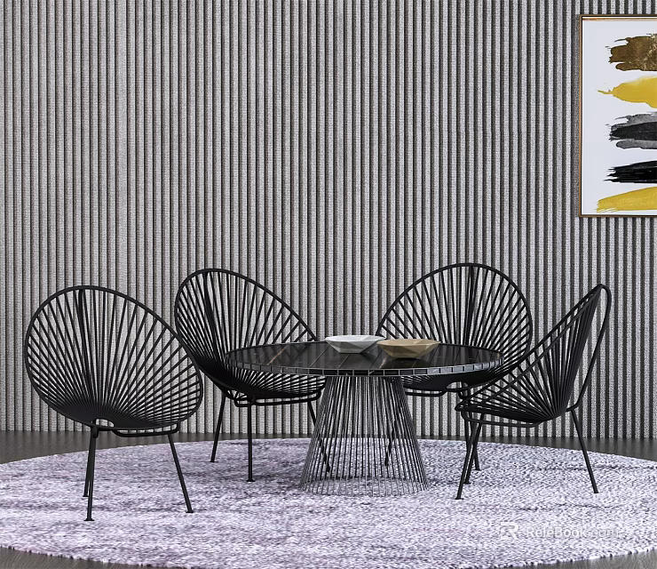Modern Table And Chair Set With Black Metal Frame Round Glass Top And Striped Wall Rug 3d model 
