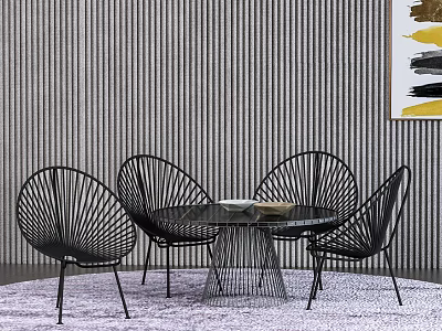 Modern Table And Chair Set With Black Metal Frame Round Glass Top And Striped Wall Rug 3d model