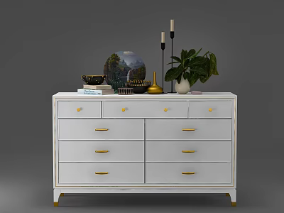 White Entryway Console Side Cabinet With Gold Handles Drawers And Decorative Globe Candles Plant Books 3d model
