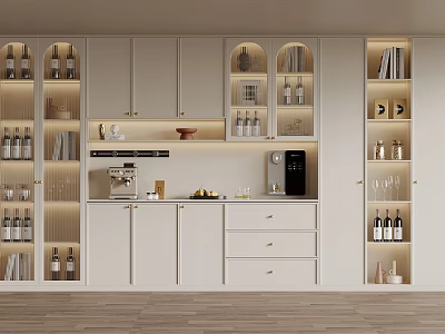 Elegant Modern Kitchen Interior With White Cabinets Storage Shelves Wine Bottles Tableware And Coffee Machine 3d model