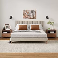 Modern Bedroom Interior With Beige Bed Nightstands Artwork White Rug And Wooden Floor