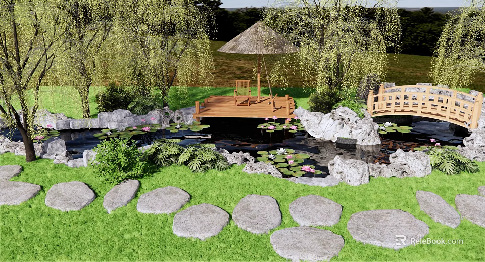 Lush Garden Water Fountain with Lily Pads Stone Path and Willow Trees 3d model 