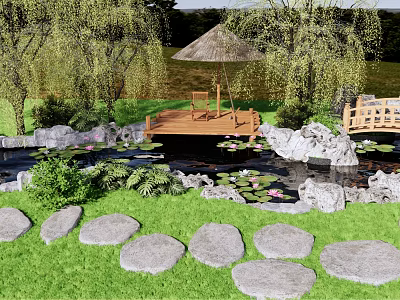 Lush Garden Water Fountain with Lily Pads Stone Path and Willow Trees 3d model