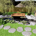 Lush Garden Water Fountain with Lily Pads Stone Path and Willow Trees