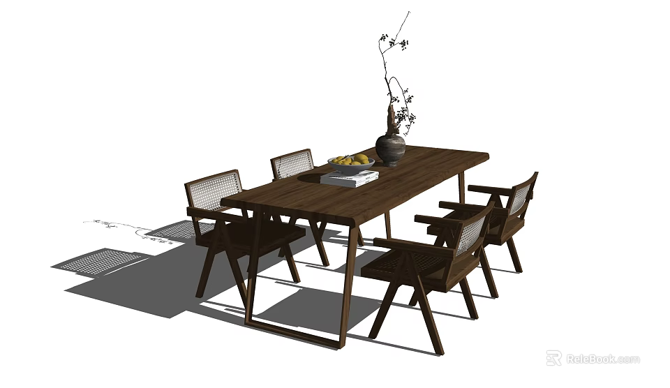 Wooden Dining Table Set With Chairs Vase Dried Branches Fruits And Book 3d model 