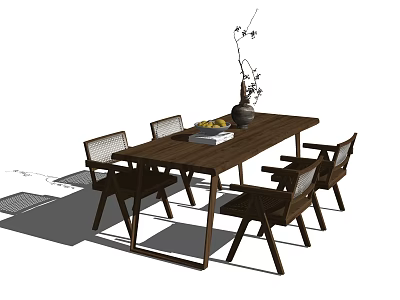 Wooden Dining Table Set With Chairs Vase Dried Branches Fruits And Book 3d model