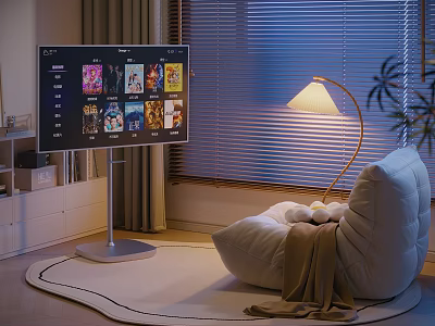 Comfortable Bean Bag Chair In Cozy Living Room With Large Screen TV And Floor Lamp 3d model