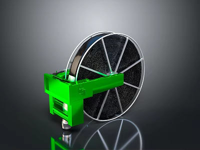Green Mechanical Reel With Black Mesh Structure Silver Rim Green Base On Reflective Black Surface 3d model