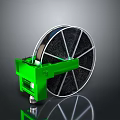 Green Mechanical Reel With Black Mesh Structure Silver Rim Green Base On Reflective Black Surface