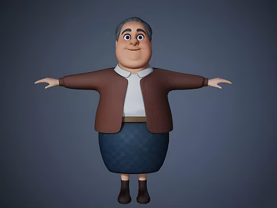Cartoon Woman With Gray Hair Brown Coat White Shirt Blue Plaid Skirt Arms Outstretched 3d model