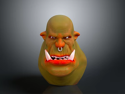Green Monster Head 3D Model With Prominent Teeth Nose Ring And Fierce Expression 3d model