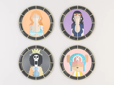 Four Round Cartoon Character Badges With Different Outfits And Colors 3d model