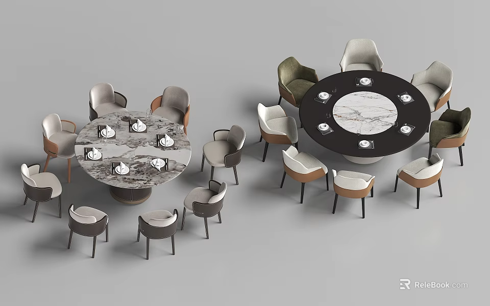 Modern Dining Table Combination With Marble Tops And Colorful Chairs 3d model