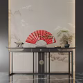 Chinese Style Decorative Console Table Featuring Red Fan And Scenic Backdrop 3d model