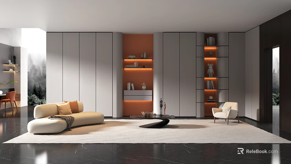 Modern Living Room Interior Design With Beige Sofa Orange Shelves And Accent Lighting 3d model 