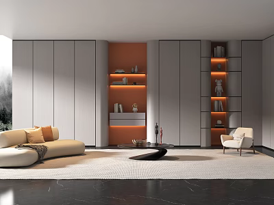 Modern Living Room Interior Design With Beige Sofa Orange Shelves And Accent Lighting 3d model