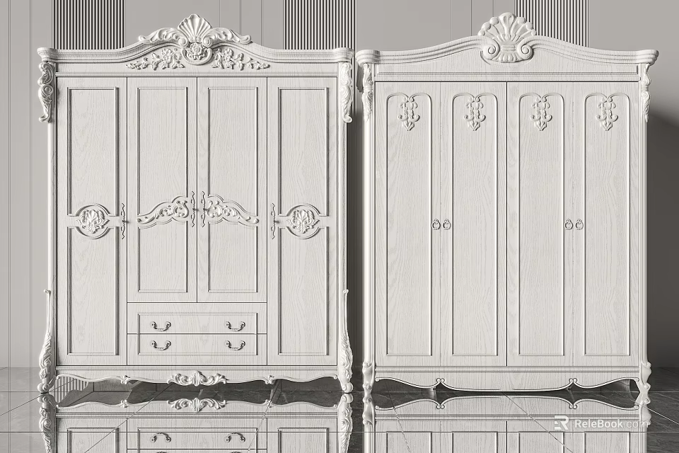 Ornate White Wardrobe With Carved Details Panel Doors And Drawer Design 3d model 