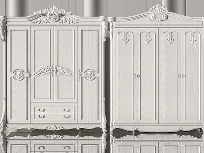 Ornate White Wardrobe With Carved Details Panel Doors And Drawer Design 3d model