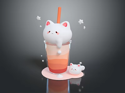 Cute Cat Themed Cup With Gradient Drink Straw Star Decorations And Small Cat Figurine 3d model