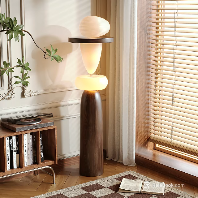 Modern Floor Lamp with Layered White Shade and Wooden Base in Cozy Room Near Bookshelf 3d model 