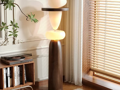 Modern Floor Lamp with Layered White Shade and Wooden Base in Cozy Room Near Bookshelf 3d model