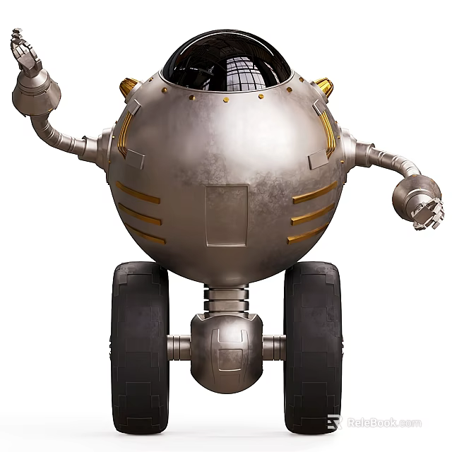 Smart Robot Featuring Spherical Design Silver Metallic Body Golden Stripes Wheels And Mechanical Arms 3d model 
