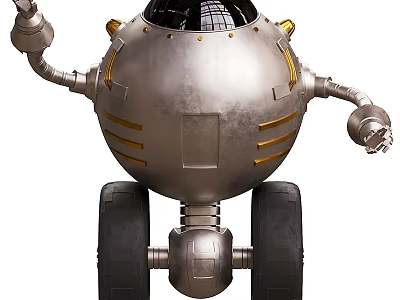 Smart Robot Featuring Spherical Design Silver Metallic Body Golden Stripes Wheels And Mechanical Arms 3d model