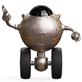 Smart Robot Featuring Spherical Design Silver Metallic Body Golden Stripes Wheels And Mechanical Arms