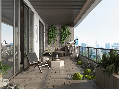 Cozy Modern Home Balcony With Wooden Deck Outdoor Furniture Vertical Greenery And City View 3d model