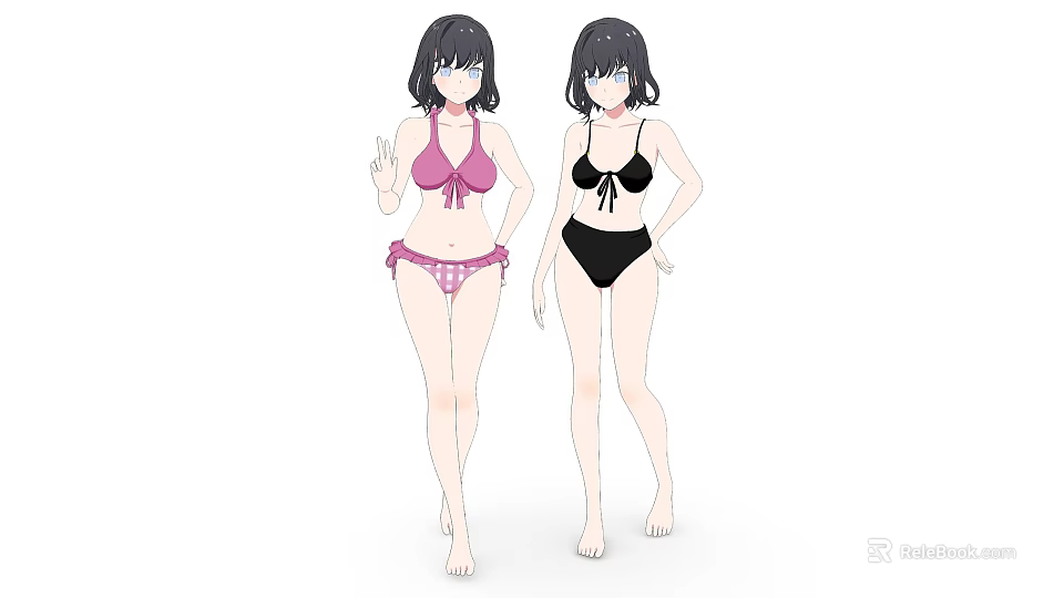 Anime Style Female Game Movie Characters Wearing Pink And Black Bikini Swimwear 3d model 