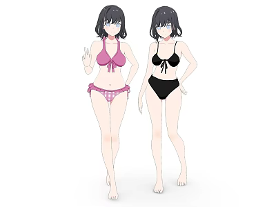 Anime Style Female Game Movie Characters Wearing Pink And Black Bikini Swimwear 3d model