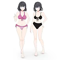 Anime Style Female Game Movie Characters Wearing Pink And Black Bikini Swimwear