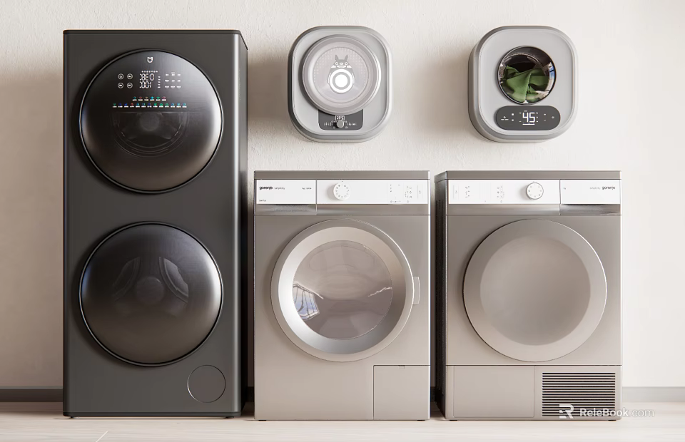 Various Styles Modern Washing Machine with Black Double Drum and Silver Single Drum Units 3d model 