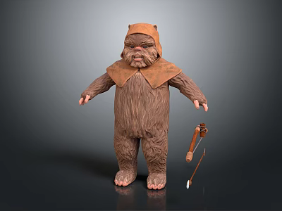 Brown Furred Animal Character Standing With Collar Holding Wooden Staff In Detailed Costume 3d model