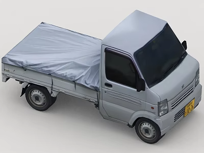 Silver Utility Small Truck With Covered Bed And Gray Tarp 3d model